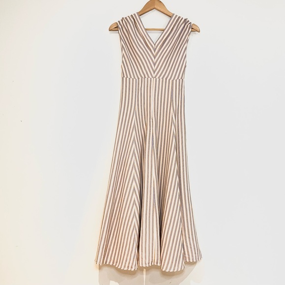 Sandro Paris dress yellow, beige and blue vertical line and sleeveless strap. - Picture 4 of 8